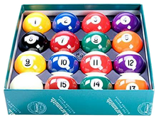 Load image into Gallery viewer, Set of Spots and Stripes Aramith billiard balls in a box, numbered 1 to 15.