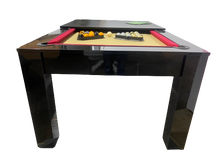 Load image into Gallery viewer, Front view of the Rosetta pool dining table in gloss black with red felt and pool balls.
