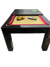 Load image into Gallery viewer, Rosetta pool dining table with red felt, gloss black finish, and pool balls set up.