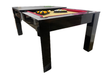 Load image into Gallery viewer, Angled view of the Rosetta pool dining table with a removable top and red felt surface.