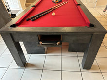 Load image into Gallery viewer, Close-up of pool dining table with red felt and built-in accessory drawer.