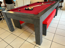 Load image into Gallery viewer, Modern pool dining table with red felt and stylish red bench seating.