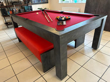 Load image into Gallery viewer, Modern pool dining table with red felt and matching red bench seating.