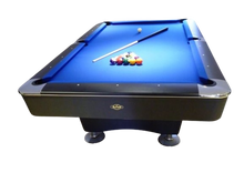 Load image into Gallery viewer, Buffalo Dominator 8' American pool table with blue felt, cue, and balls.
