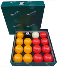 Load image into Gallery viewer, Aramith Standard Reds and Yellows pool ball set in a green box.