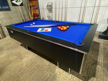 Load image into Gallery viewer, Superpool Black Pearl pool table with blue felt and match play accessories.