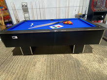 Load image into Gallery viewer, Superpool Black Pearl pool table with blue felt and black laminate finish.