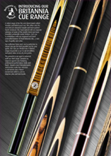 Load image into Gallery viewer, Showcase of Britannia cue range with various wood and steel designs.
