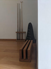 Load image into Gallery viewer, Pool cue rack and accessories placed against a wooden floor.