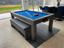 Load image into Gallery viewer, Grey Pine Rosetta pool dining table with blue felt and cushioned benches.