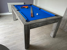 Load image into Gallery viewer, Rustic Rosetta pool dining table with blue felt and weathered wood finish.