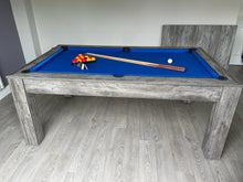 Load image into Gallery viewer, Grey Pine Rosetta pool dining table with blue felt and detachable dining top.