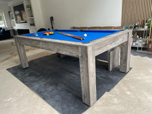 Load image into Gallery viewer, Grey Pine Rosetta pool dining table with blue felt in a modern living space.