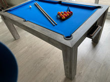 Load image into Gallery viewer, Grey Pine Rosetta pool dining table with blue felt and pool balls arranged.