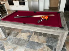Load image into Gallery viewer, Grey Pine Rosetta pool dining table with red felt and pool accessories.