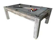 Load image into Gallery viewer, Grey Pine Rosetta pool dining table with grey felt and pool accessories.