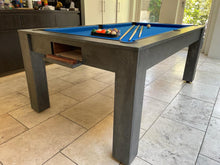 Load image into Gallery viewer, Minimalist Rosetta pool dining table with blue felt and gray finish.