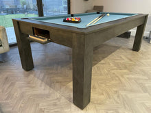 Load image into Gallery viewer, Modern Rosetta pool dining table with light blue felt and dark finish.