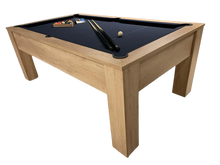 Load image into Gallery viewer, Superpool Nebraska Oak pool table with blue felt and sleek wooden finish.