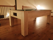 Load image into Gallery viewer, Oak pool table with green felt in a loft-style room with wooden flooring.