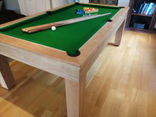 Load image into Gallery viewer, Oak English pool table with green felt and pool accessories.