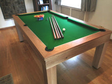Load image into Gallery viewer, Oak English pool table with green felt and pool cues.