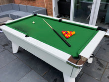 Load image into Gallery viewer, Pool table with Aramith red and yellow balls arranged and a cue stick.