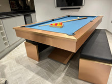 Load image into Gallery viewer, Brushed copper pool diner table with blue felt and matching benches.