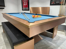 Load image into Gallery viewer, Contemporary brushed copper pool table with blue felt and matching benches.