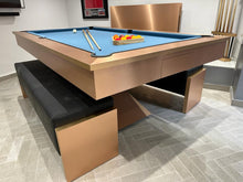 Load image into Gallery viewer, Brushed copper pool diner table with modern design and blue playing surface.