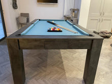 Load image into Gallery viewer, Modern Rosetta pool dining table with light blue felt and dark finish.