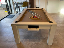 Load image into Gallery viewer, Satin white Rosetta pool dining table with tan felt and pool cues.