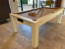 Load image into Gallery viewer, Satin white Rosetta pool dining table with tan felt and cue storage.