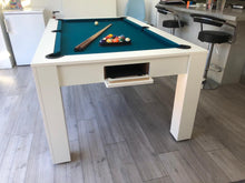 Load image into Gallery viewer, Satin white pool dining table with teal felt and built-in cue storage.