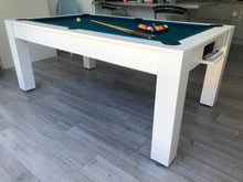 Load image into Gallery viewer, Satin white Rosetta pool dining table with teal felt and pool accessories.