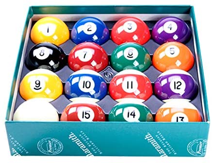 Set of vibrant Aramith billiard balls in a box, ideal for pool games.