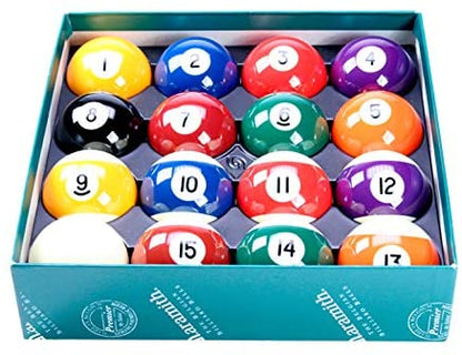 Set of vibrant Aramith billiard balls in a box, ideal for pool games.