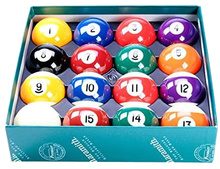 Set of Spots and Stripes Aramith billiard balls in a box, numbered 1 to 15.