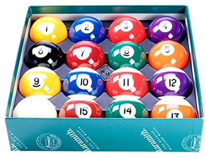 Set of Spots and Stripes Aramith billiard balls in a box, numbered 1 to 15.