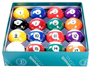 Set of spots and stripes pool balls in a box, numbered and ready for play.