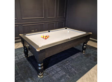 Load image into Gallery viewer, Black Optima Rennes pool table in a stylish room with dark walls and gray felt.