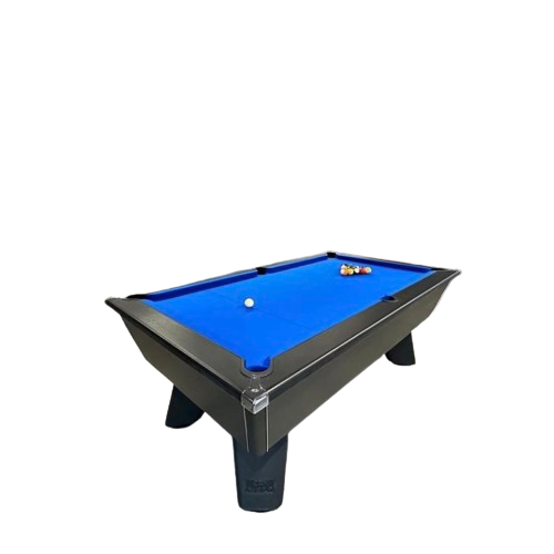 Black Cry Wolf Free Play pool table with blue felt and sturdy black legs.