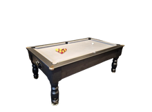 Load image into Gallery viewer, Black Optima Rennes slate bed pool table with gray felt and classic design.