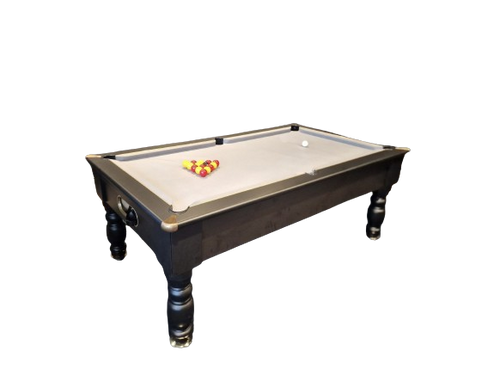Black Optima Rennes slate bed pool table with gray felt and classic design.