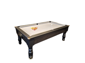 Black Optima Rennes slate bed pool table with gray felt and classic design.