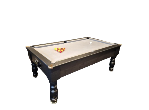 Black Optima Rennes slate bed pool table with gray felt and classic design.