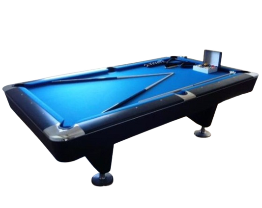 Buffalo Dominator 9' American pool table with blue felt, chrome accents, and slim legs.