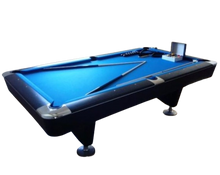 Load image into Gallery viewer, Buffalo Dominator 9&#39; American pool table with blue felt, chrome accents, and slim legs.