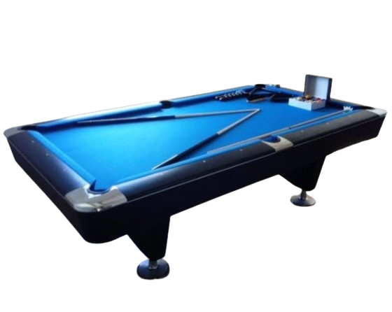 Buffalo Dominator 9' American pool table with blue felt, chrome accents, and slim legs.