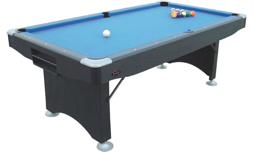 Buffalo Challenger 7' American pool table with folding legs and blue felt.